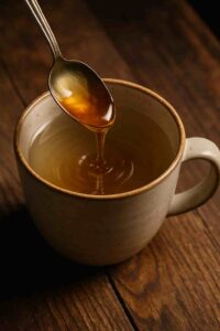 قاشق فلزی عسل که در لیوان آب گرم روی میز چوبی در حال حل شدن است