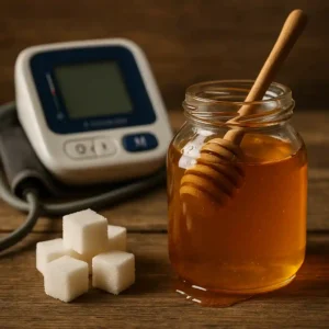 شیشهای از عسل طبیعی روی میز چوبی در کنار دستگاه قند خون و چند حبه قند در نور طبیعی روز