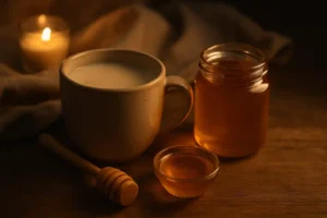 فنجان شیر گرم در کنار شیشه عسل و قاشق چوبی روی میز چوبی در نور ملایم شبانه