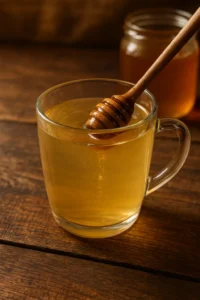 لیوان شیشهای آب گرم که با قاشق چوبی عسل چهل گیاه در آن هم زده میشود